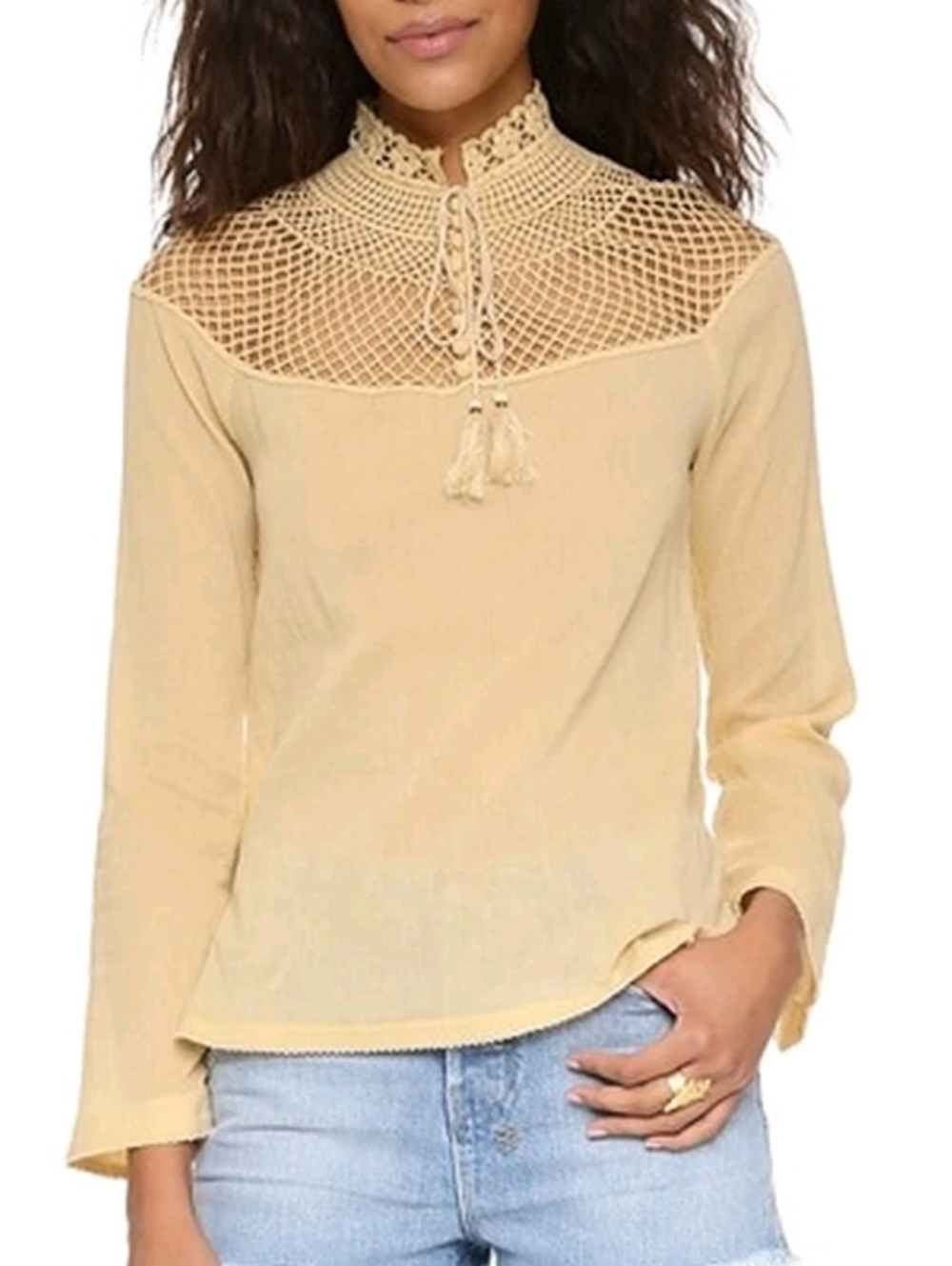 Free People On The Island Yellow Crochet  Long-Sleeve Blouse M